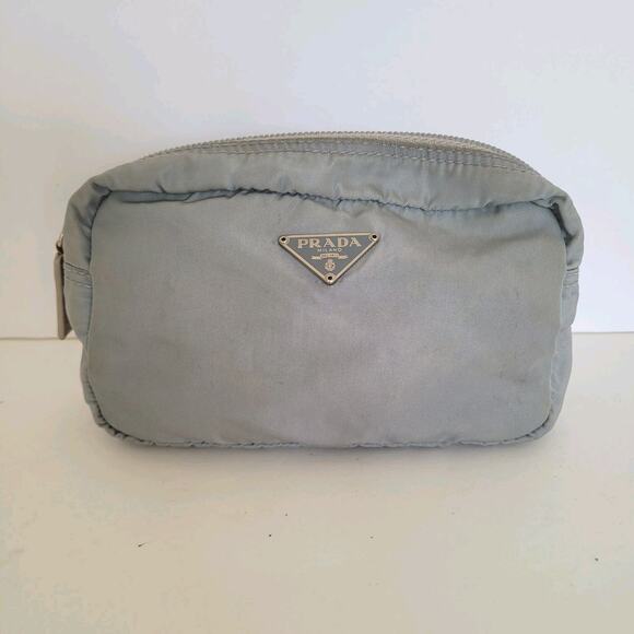 Authentic Prada Nylon Cosmetics Bag Blue Makeup Pouch Travel Small Zip Around - Picture 1 of 13